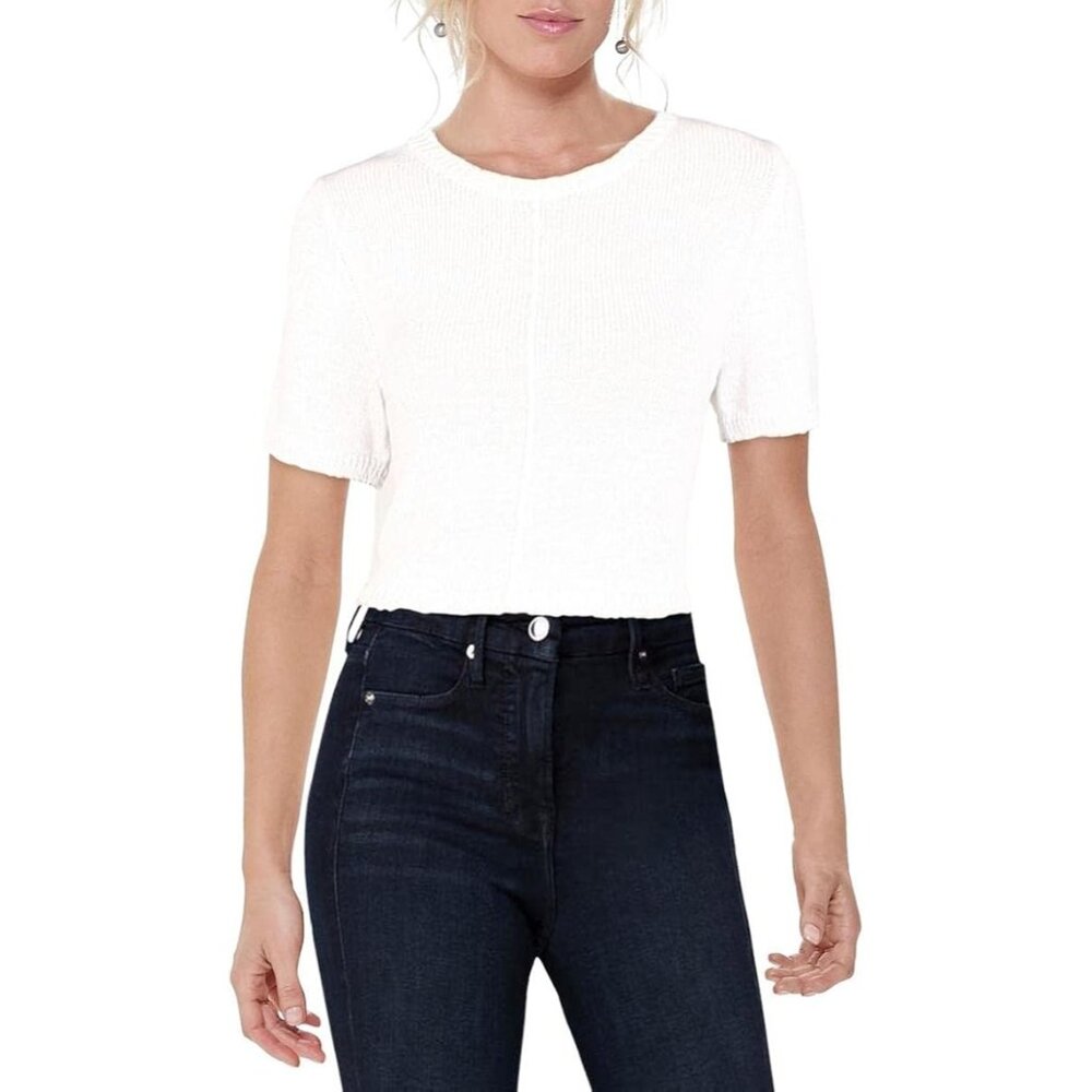 DKNY Women's Knit Ribbed Trim Crop Sweater Short Sleeves White Size Small